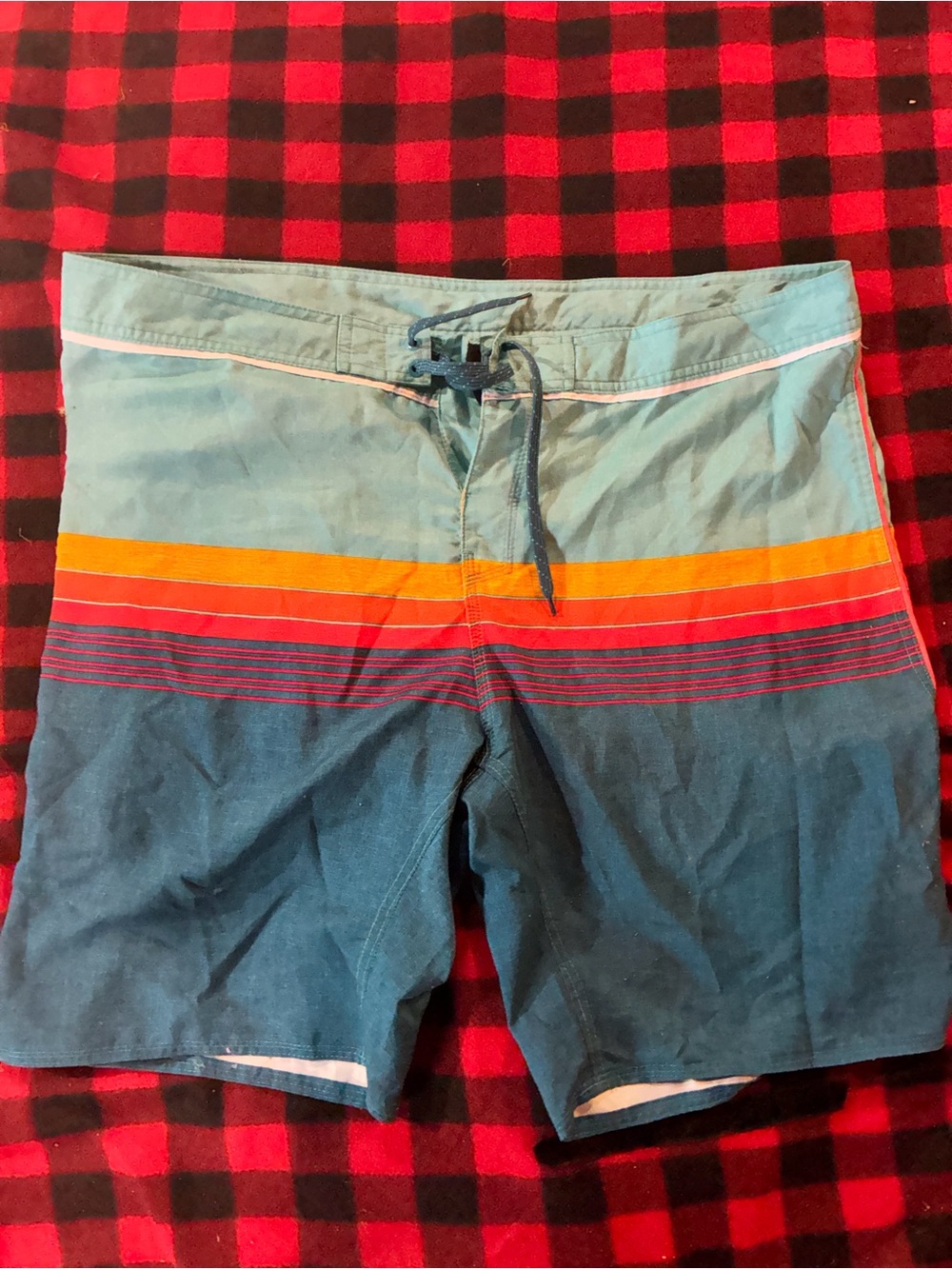 burnside Light Blue, Yellow & Navy Stripe Swim Board Shorts